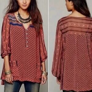 Free People Feather in The Wind semi sheer burnt orange beaded long sleeve top